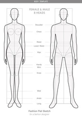 Body template Fashion FLAT SKETCHES technical drawings FEMALE & MALE 8 HEADS