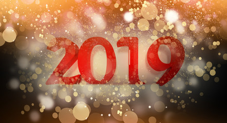 New Year 2019. New Year's poster, background with a volume inscription. 3d rendering. Dark bokeh background, magic dust, light effect, rays