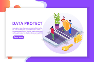 GDPR, Data Protection isometric concept, Network data, Internet security, Secure bank transaction.    Character Vector illustration.