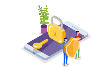 GDPR, Data Protection isometric concept, Network data, Internet security, Secure bank transaction.    Character Vector illustration.