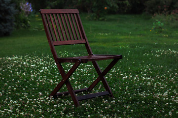 Wet wooden brown chair on grass after raining. 