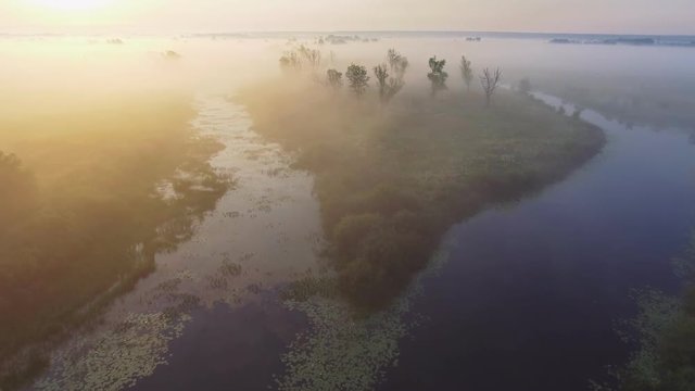4K Aerial footage video of foggy morning. Flying over the Desna river. Sunrise time. Kyiv region, Ukraine.