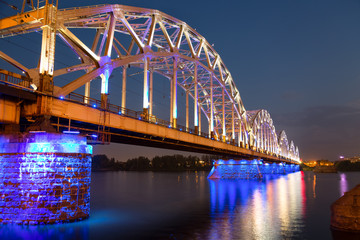 Railway Bridge at night in Riga, Latvia
