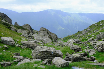 Fototapeta na wymiar Rumunia, Karpaty Rumuńskie - Góry Fagaras, widok z głazami szlaku w Górach Paltinu