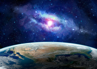 Space scene. Earth planet with blue milky way. Elements furnished by NASA. 3D rendering