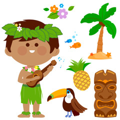 Hawaiian boy playing music with his guitar. Vector Hawaii collection