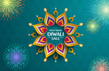 Great Indian Diwali festival big sale. Background with the paper graphic of Indian Rangoli and fireworks.