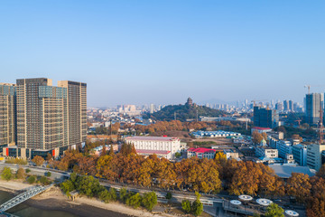 Aerial view over the Nanjing city, urban architectural landscape