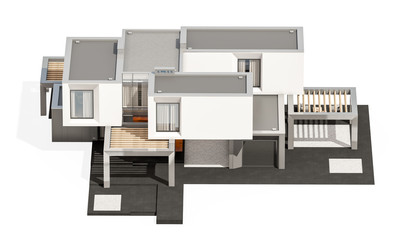 3d rendering of modern cozy house by the river with garage for sale or rent. Isolated on white.