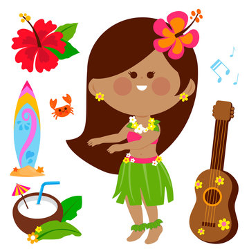 Hawaiian hula dancing girl. Vector illustration collection