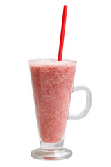Pink strawberry smoothie in a mason jar glass with straw isolated on white