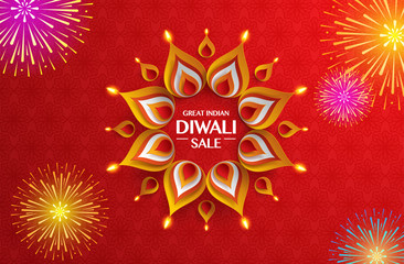 Great Indian Diwali festival big sale. Background with the paper graphic of Indian Rangoli and fireworks.