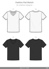 V-neck Tee shirt Fashion flat technical drawing vector template