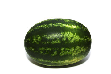 The whole big watermelon on a white background. A Isolated object with shadow.