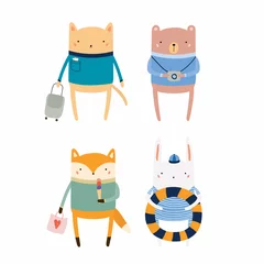 Keuken spatwand met foto Set of cute funny animals on summer holidays. Isolated objects. Hand drawn vector illustration. Scandinavian style flat design. Concept for children print. © Maria Skrigan