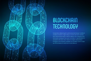 Block chain. Crypto currency. Blockchain concept. 3D wireframe chain with digital code. Editable cryptocurrency template. Stock vector illustration.