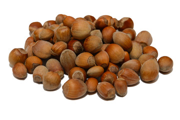 A bunch of forest whole nuts on a white background