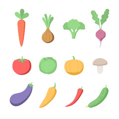 Set of symbols of fresh healthy vegetables. Organic food icons. Vector illustration in cartoon style isolated on white background