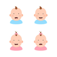 Newborn girl and the boy, smiles and cries. Children with the first teeth. Vector illustration icon in flat style isolated on white background