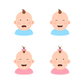 Newborn girl and the boy, smiles and cries. Children with the first teeth. Vector illustration icon in flat style isolated on white background