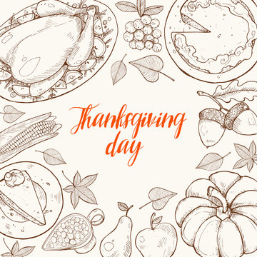 Happy thanksgiving day greeting card template. Thanksgiving poster with roasted turkey, pumpkin pie and aconrs sketches. Horizontal composition with text.