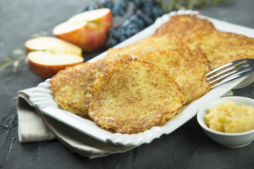 Potato pancakes, or latkes with apple sauce