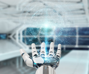 White cyborg hand using planet Earth interface 3D rendering