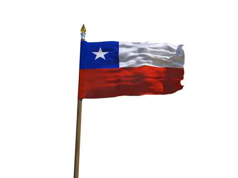 Chile flag Isolated Silk waving flag of Republic of Chile made transparent fabric with wooden flagpole golden spear on white background isolate real photo Flags of world countries 3d illustration