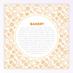 Bakery concept with thin line icons: toast bread, pancakes, flour, croissant, donut, pretzel, cookies, gingerbread man, cupcake, burger, apple pie, pizza. Vector illustration, print media template.