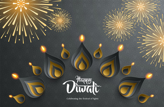 Happy Diwali. Celebrating the festival of lights. Background with the paper graphic of Indian Rangoli and fireworks.