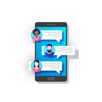 People chatting on mobile. Chat notification on phone, messages bubbles on screen with avatars. Vector illustration.