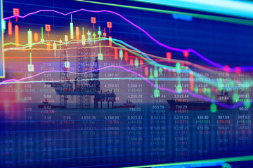 Stock market concept with oil rig in the gulf and oil refinery industry background,Double exposure