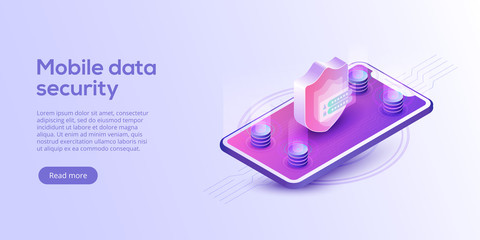 Mobile data security isometric vector illustration. Online payment protection system concept with smartphone and credit card. Secure bank transaction with password verification via internet.