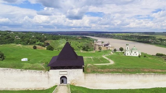 Aerial Shot. Old castle near the RIver. Hotin Castle in Ukraine. Eastern Europe