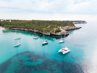 Fototapeta na wymiar Yachts in the bay of Mallorca, Spain, view from above
