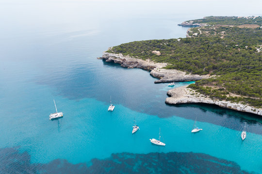 Yachts in the bay of Mallorca, Spain, view from above