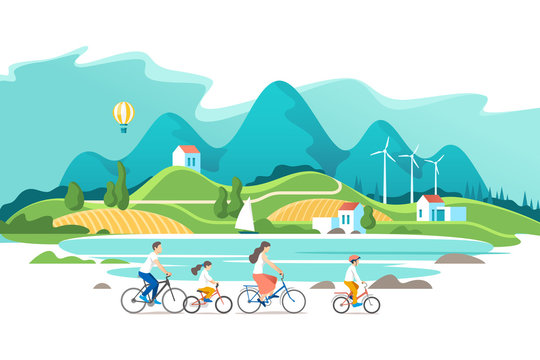 Summer vacation. Family are riding on bicycles on the natural landscape background. Vector illustration.