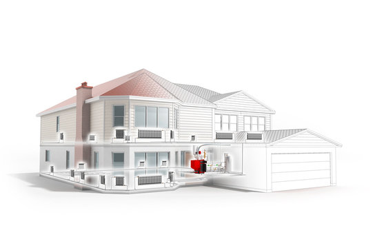 private house heating system building concept 3d render on white