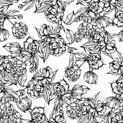 handmade ,seamless pattern, coloring books for children and adults,black and white,  ink,  peony, camellia, leaves, flowers, buds,pen capillary.