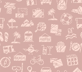 Travel, vacation, Hiking, leisure, seamless pattern, pencil shading, pink, color, vector. Different types of holidays and ways of travelling. 