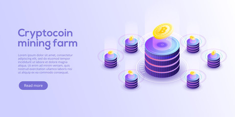 Cryptocoin mining farm layout. Cryptocurrency and blockchain network business isometric vector illustration. Crypto currency exchange or transaction process background.