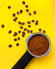ground coffee and coffee beans, top view