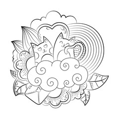 Vector hand drawn funny heart, cat, bird, sweet, cloud, balloon, butterfly illustration for adult coloring book. Sketch for adult anti stress coloring book page with doodle and zentangle elements.
