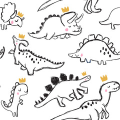 Cute dinosaur and doodles seamless pattern