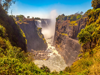 Victoria Falls on Zambezi River. Dry season. Border between Zimbabwe and Zambia, Africa.