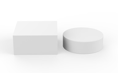 Round soap bar and packaging box, mock up template on isolated white background, 3d illustration