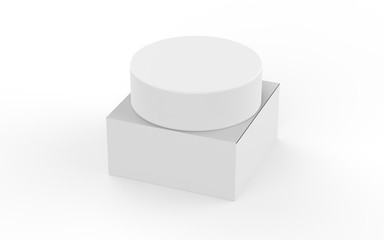 Round soap bar and packaging box, mock up template on isolated white background, 3d illustration