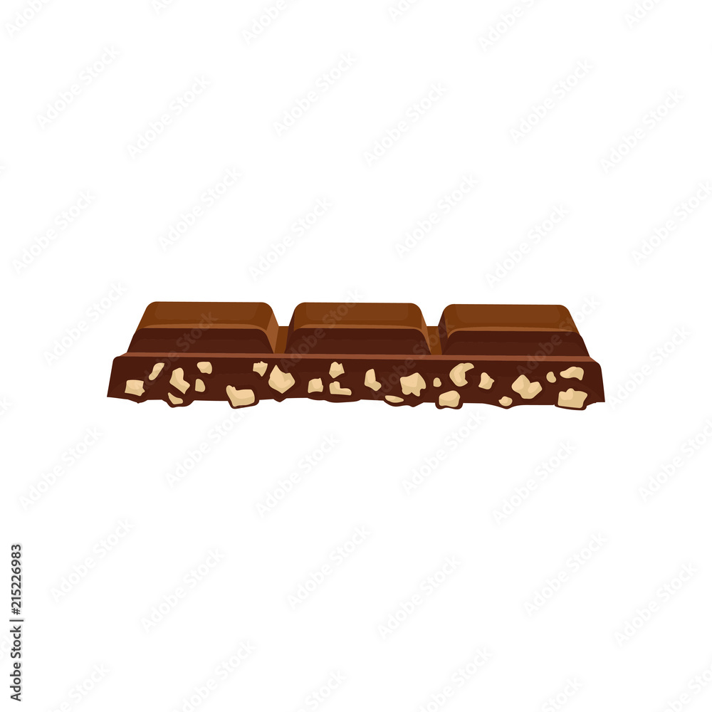 Wall mural Piece of dark chocolate with nuts, delicious dessert vector Illustration on a white background