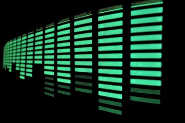 Yellow and green glowing light structure and graphic equalizer on a black background, splash screen