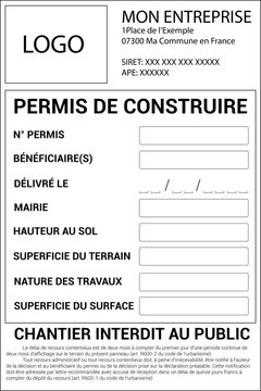 Panneau d’affichage représentant un permis de construire en France avec toutes les mentions légales